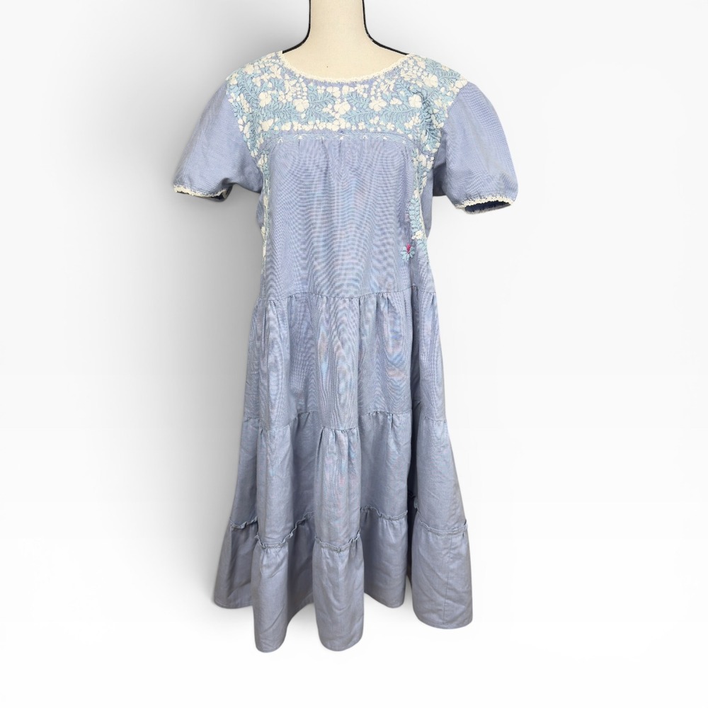 Margarita Mercantile Traditional Mexican Dress S/M Blue Embroidered Tiered Midi